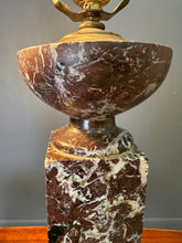 Load image into Gallery viewer, Pair of antique 19th-century French table lamps with Rouge de Rance red marble column bases, brass hardware, neoclassical design—vintage lighting for traditional home décor or luxury interiors