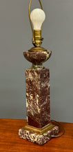 Load image into Gallery viewer, Pair of antique 19th-century French table lamps with Rouge de Rance red marble column bases, brass hardware, neoclassical design—vintage lighting for traditional home décor or luxury interiors
