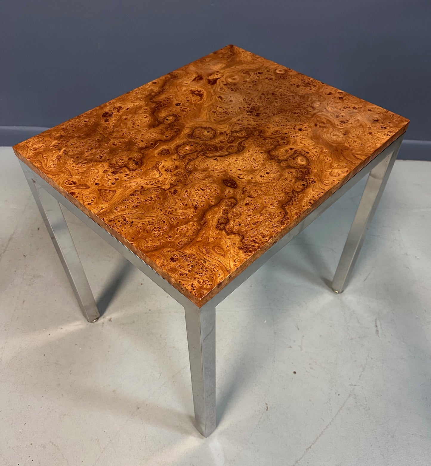 1980s Milo Baughman Chrome and Olivewood Burl Side Table Mid Century