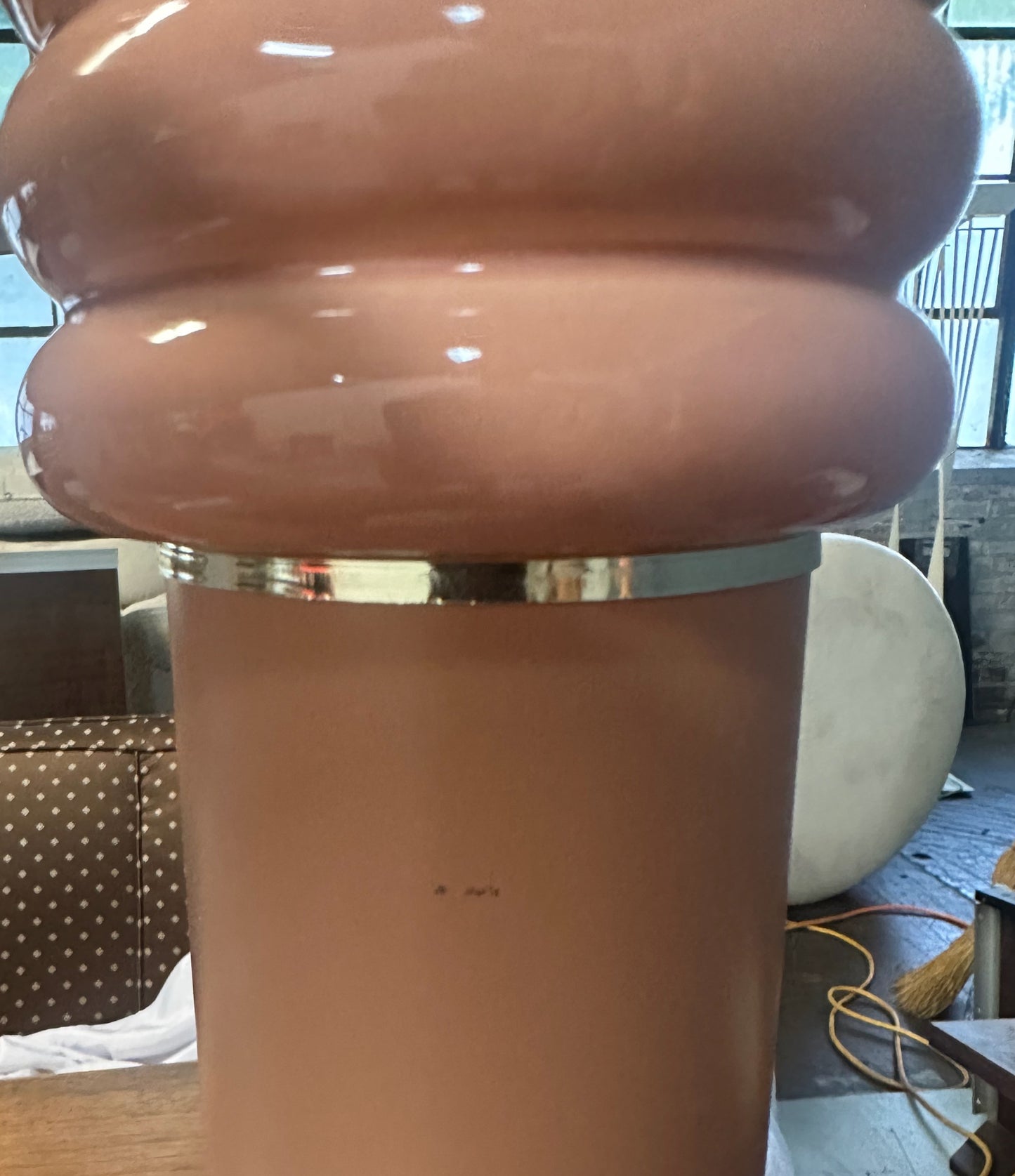 Pair of Post Modern 1980s Peach Ceramic Table Lamps with Brass Trim