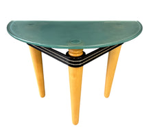 Load image into Gallery viewer, 1990 demi-lune hall table designed by Kaiser Newman, featuring a curved green glass top, light beech wood legs, and a black lacquered frame with white inlay detailing