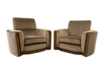 Load image into Gallery viewer, Pair of Art Deco Tank Lounge Chairs in Mocha Velvet with Green Trim and Curved Wood Accents