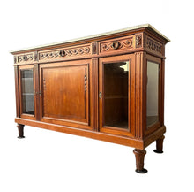 Load image into Gallery viewer, Antique French Directoire Style Mahogany Sideboard with Marble Top – Glass Door Buffet Cabinet with Carved Details