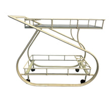 Load image into Gallery viewer, Vintage 1980s postmodern two-tier bar cart with curvy metal frame and glass shelves, attributed to Woodard