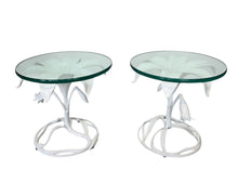 Load image into Gallery viewer, Vintage 1960s Arthur Court style white metal floral side tables with glass tops, mid-century modern design