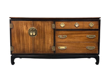 Load image into Gallery viewer, 1970s Lane Asian-inspired credenza with brass hardware, mid-century modern design, and walnut wood drawers—vintage MCM sideboard or media console