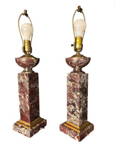 Load image into Gallery viewer, Pair of antique 19th-century French table lamps with Rouge de Rance red marble column bases, brass hardware, neoclassical design—vintage lighting for traditional home décor or luxury interiors