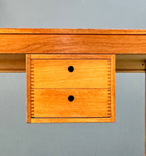 Load image into Gallery viewer, Petite Mid Century Teak Danish Desk with Sliding Drawers and Exposed Joinery