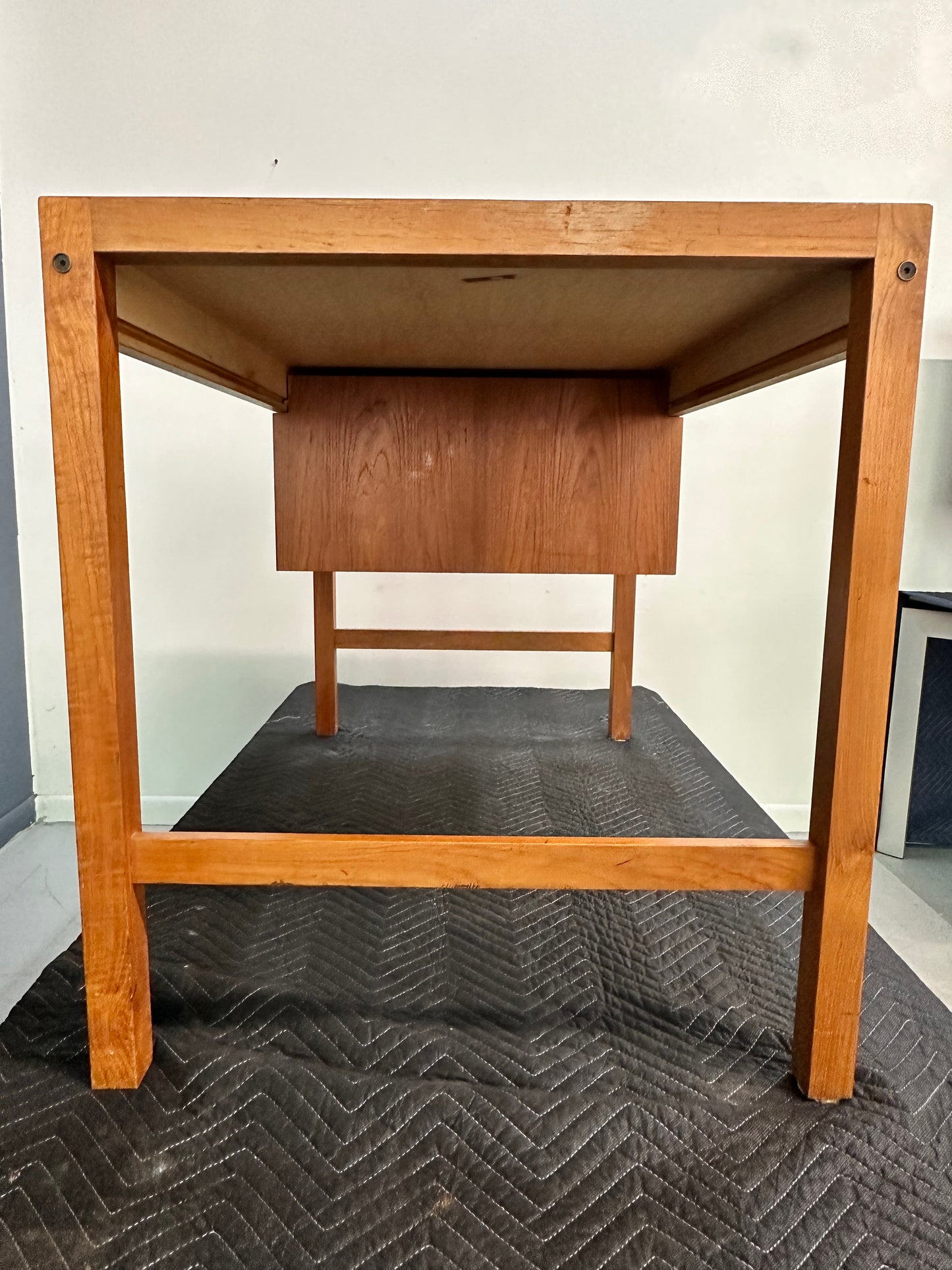 Petite Mid Century Teak Danish Desk with Sliding Drawers and Exposed Joinery