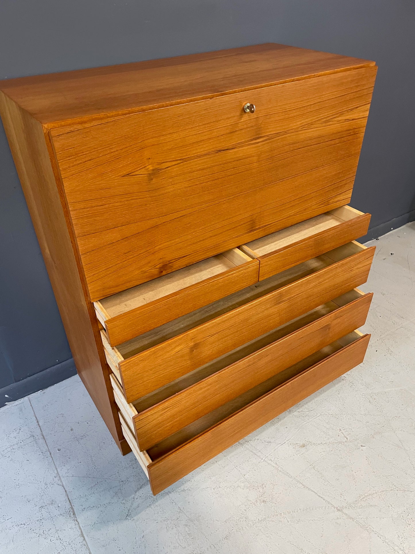 SOLD – Danish Modern Arne Wahl Iversen Tall Teak Desk with Drawers for Storage