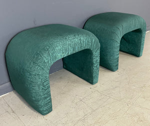 1980s Waterfall Benches in a Green Moire Fabric in the Style of Karl Springer