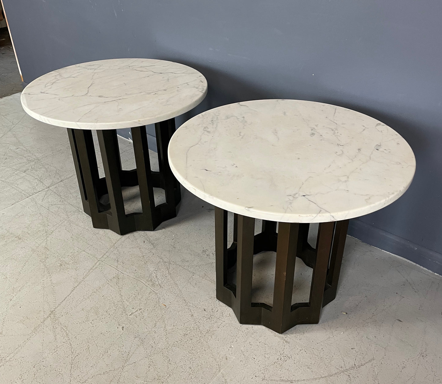 SOLD – Harvey Probber Pair of Circular Side Tables Walnut With Marble Tops Mid Century