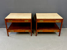 Load image into Gallery viewer, Pair of Walnut and Travertine Nightstands with Brass Accents and Rosewood Trim
