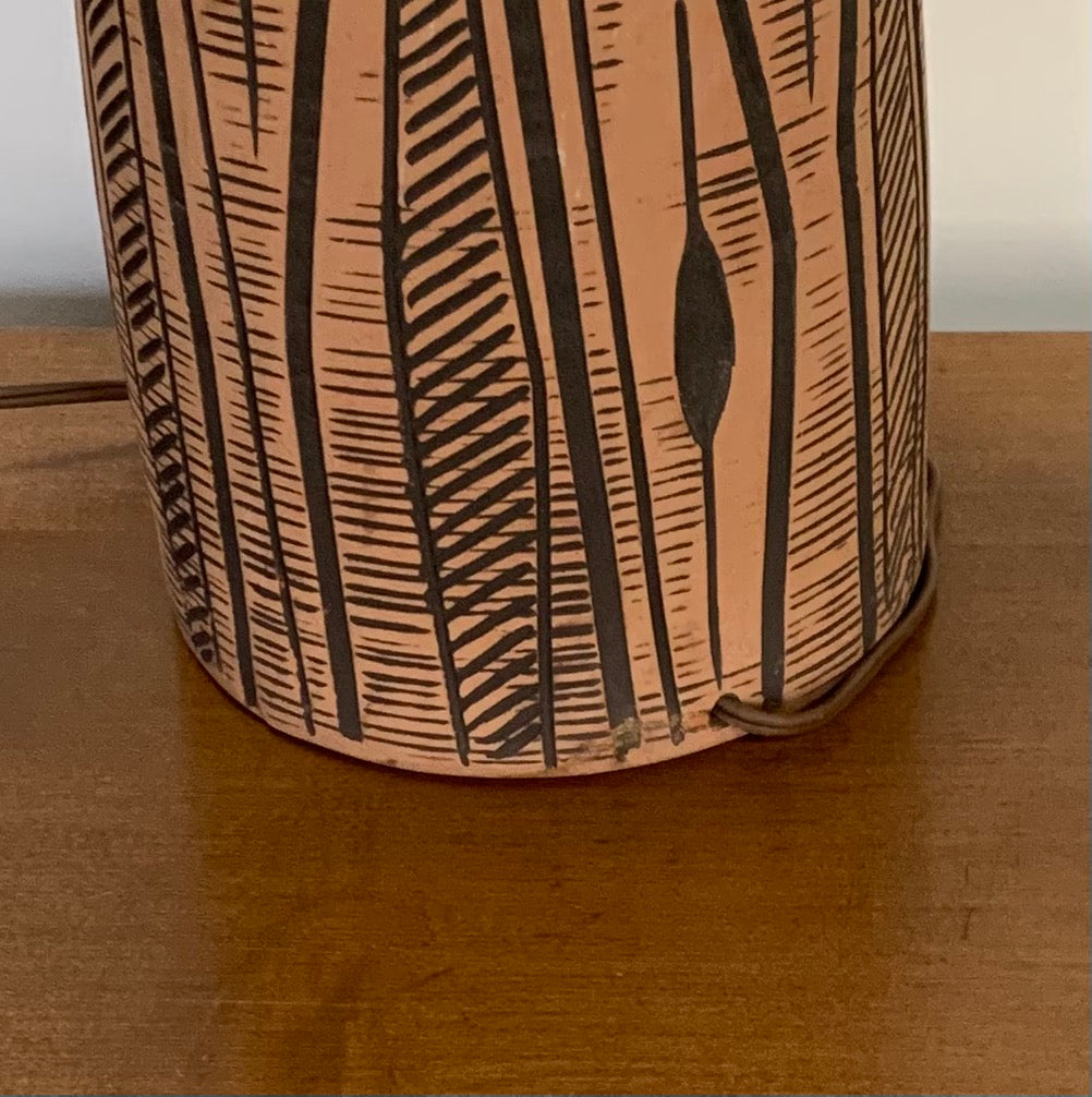 Lee Rosen for Design-Technics Terracotta Lamp with Incised Black Design