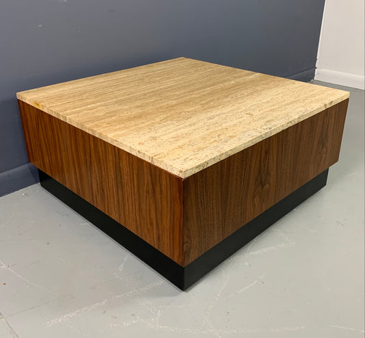 Travertine and Walnut Mid-Century Coffee Table on a Black Plinth Base