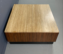 Load image into Gallery viewer, Travertine and Walnut Mid-Century Coffee Table on a Black Plinth Base