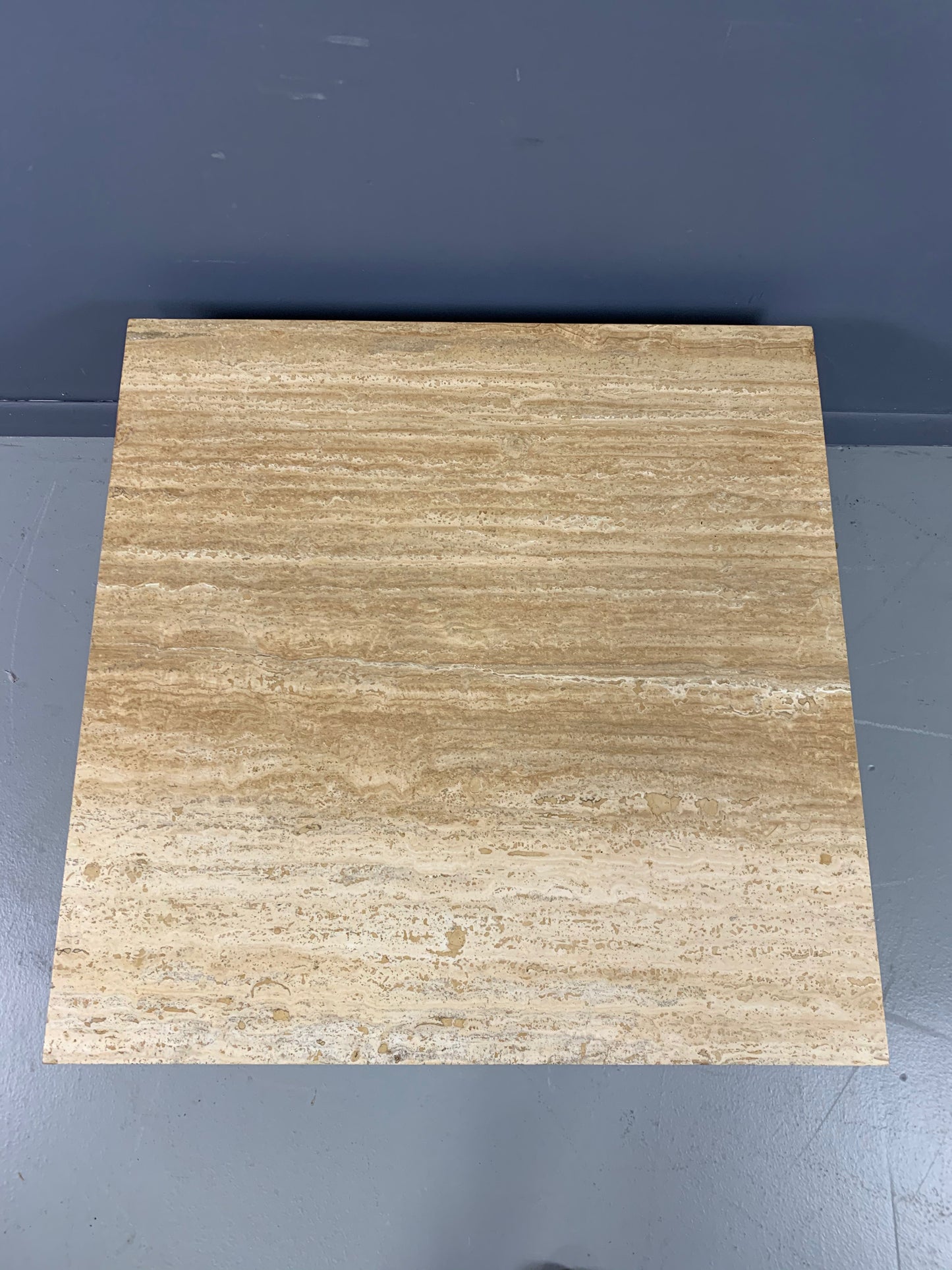 Travertine and Walnut Mid-Century Coffee Table on a Black Plinth Base