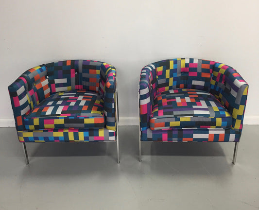 Harvey Probber Style Pair of Club Chairs in Chrome and Knoll Fabric
