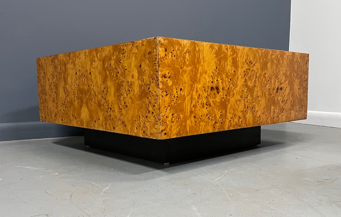 SOLD – Burl Coffee Table on a Plinth Base in The Style of Milo Baughman Mid Century