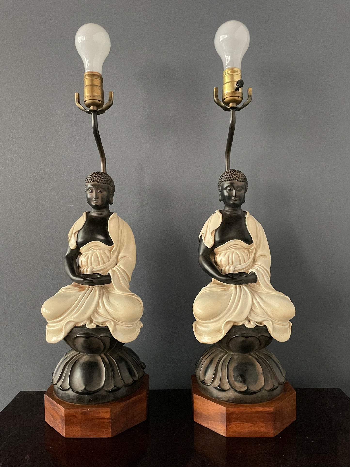 SOLD – Chapman Pair of Ceramic Table Lamps of Sitting Buddhas on a rosewood base