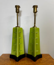 Load image into Gallery viewer, Crackle Glazed Chartreuse Ceramic Mid Century Table Lamps a Pair