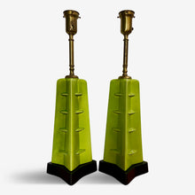 Load image into Gallery viewer, Crackle Glazed Chartreuse Ceramic Mid Century Table Lamps a Pair