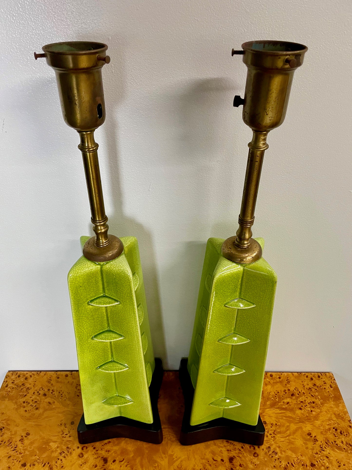 SOLD – Crackle Glazed Chartreuse Ceramic Mid Century Table Lamps a Pair