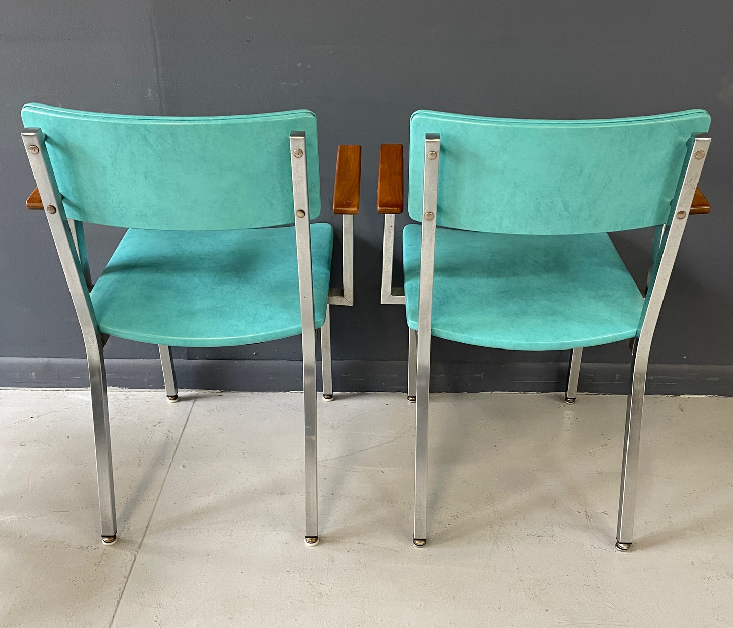 SOLD – Trio of Mid Century Aluminum and Walnut Upholstered Chairs by Howell