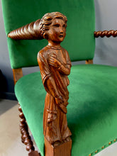 Load image into Gallery viewer, Jacobean Barley Twist Oak Armchair with Figural Arms Upholstered in Green Velvet