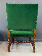 Load image into Gallery viewer, Jacobean Barley Twist Oak Armchair with Figural Arms Upholstered in Green Velvet