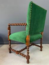 Load image into Gallery viewer, Jacobean Barley Twist Oak Armchair with Figural Arms Upholstered in Green Velvet