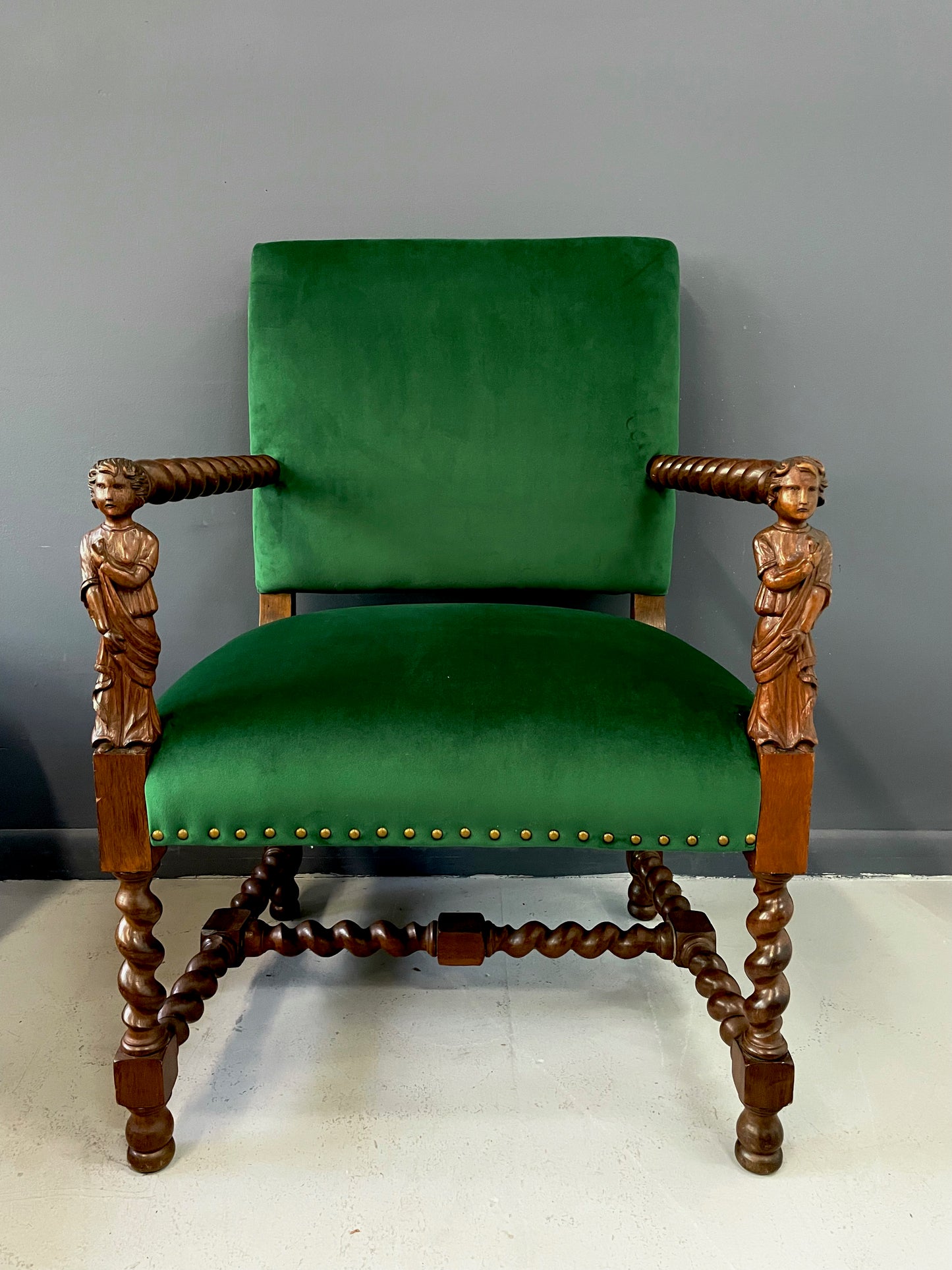 SOLD – Jacobean Barley Twist Oak Armchair with Figural Arms Upholstered in Green Velvet