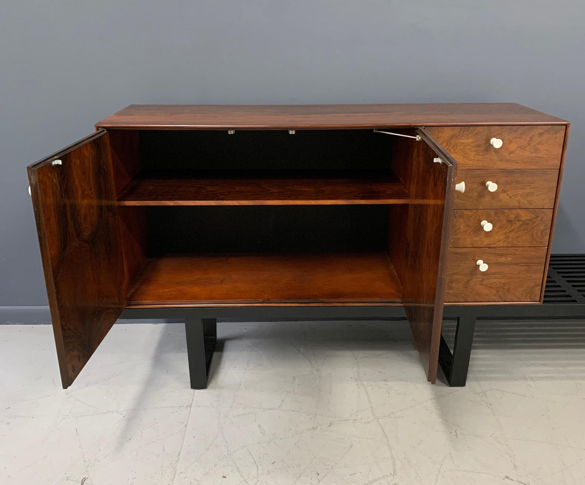 SOLD – George Nelson Rosewood Thin Edge Cabinet on Original Slat Bench Mid-Century