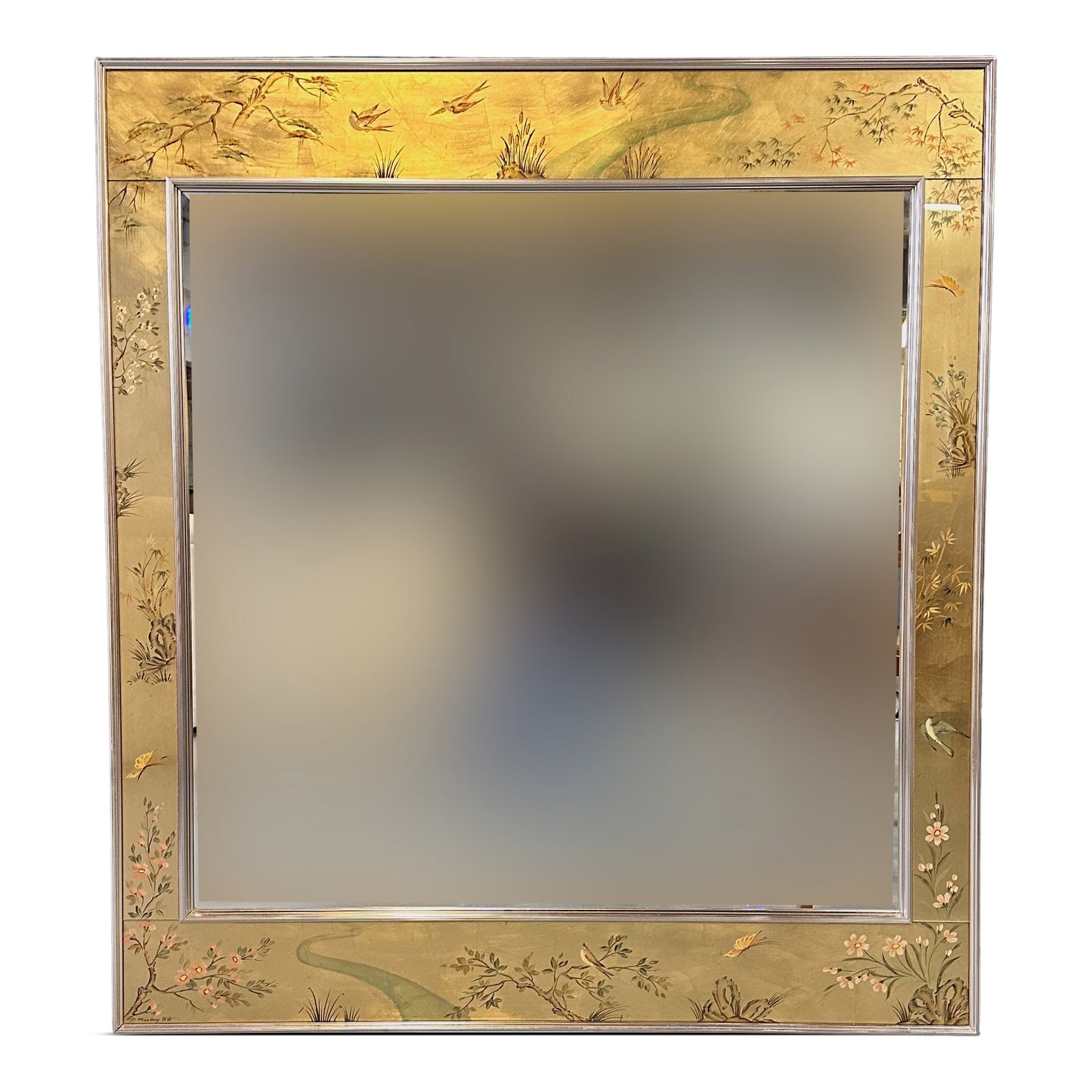 SOLD – La Barge Square Eglomise Wall Mirror with Chinoiserie Natural Scene Mid Century