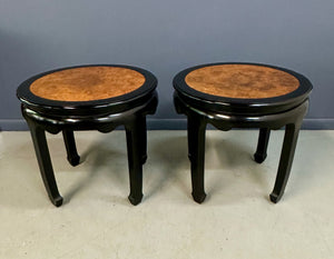 Century Ebonized Pair of Pagoda Side Tables with A Burl Top Chin Hua Collection