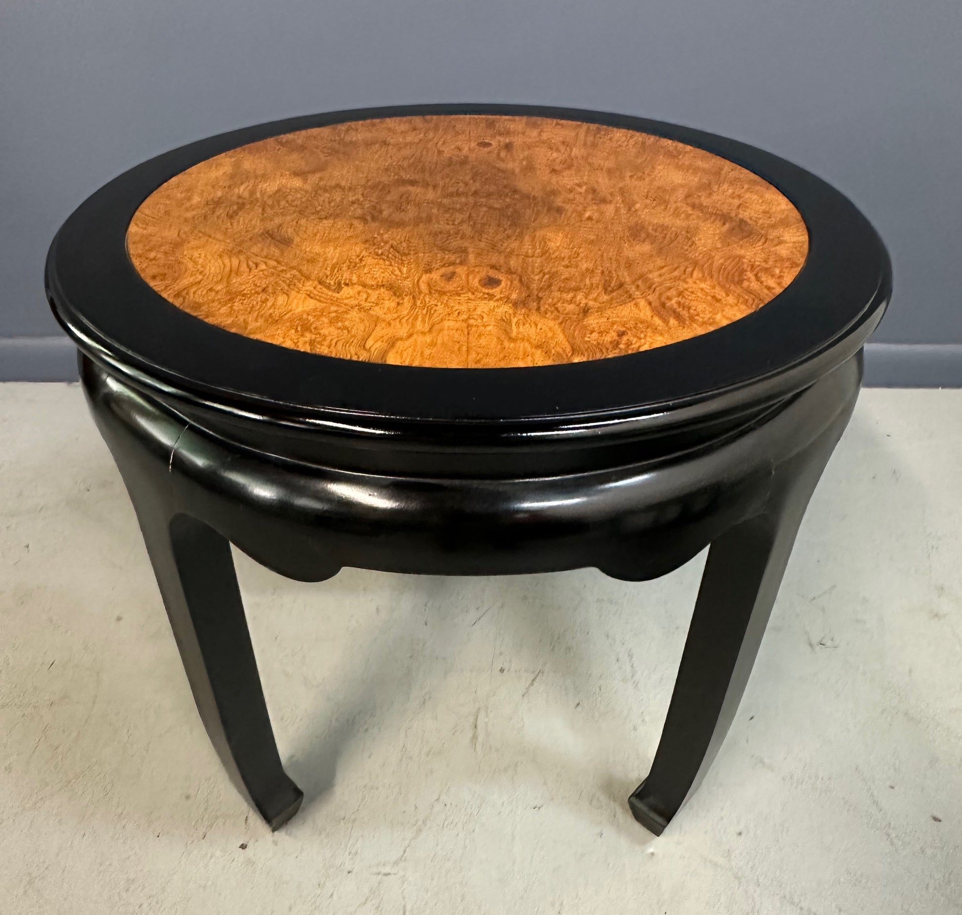Century Ebonized Pair of Pagoda Side Tables with A Burl Top Chin Hua Collection