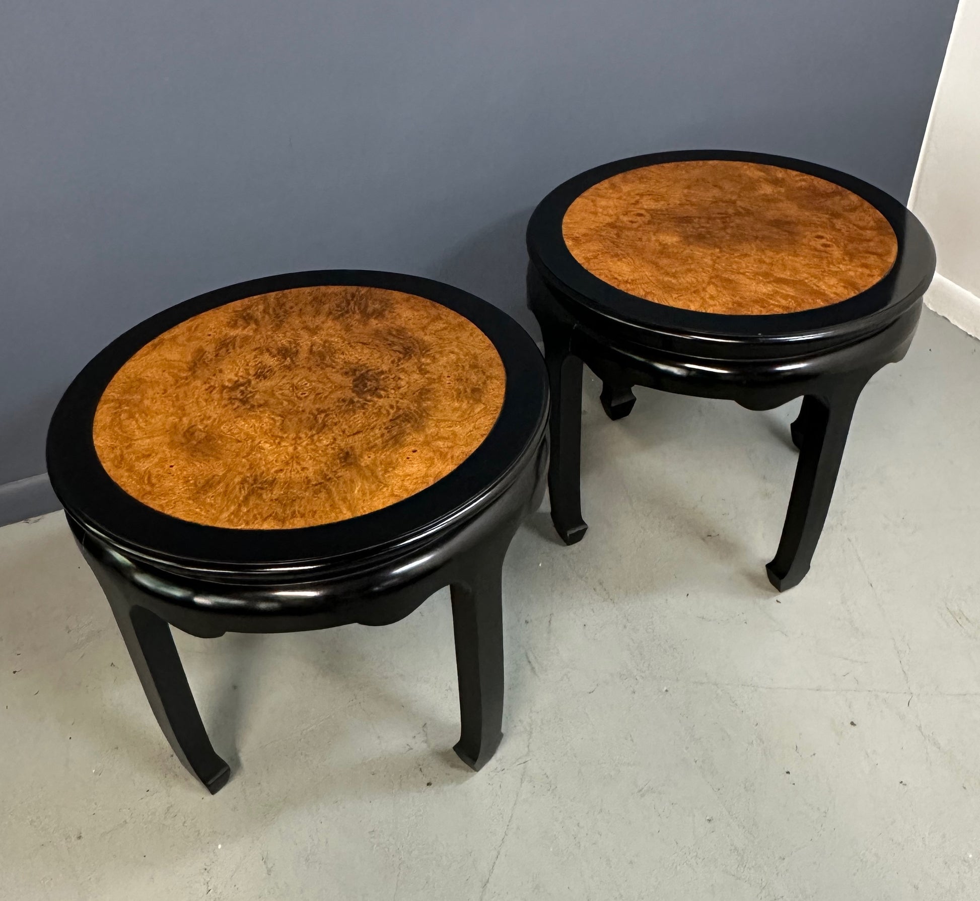 Century Ebonized Pair of Pagoda Side Tables with A Burl Top Chin Hua Collection