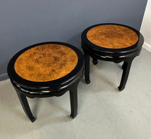 Century Ebonized Pair of Pagoda Side Tables with A Burl Top Chin Hua Collection