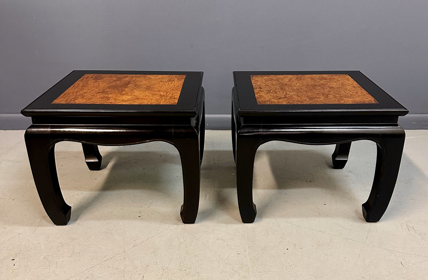 Century Ebonized Pair of Pagoda End Tables with A Burl Top Chin Hua Collection