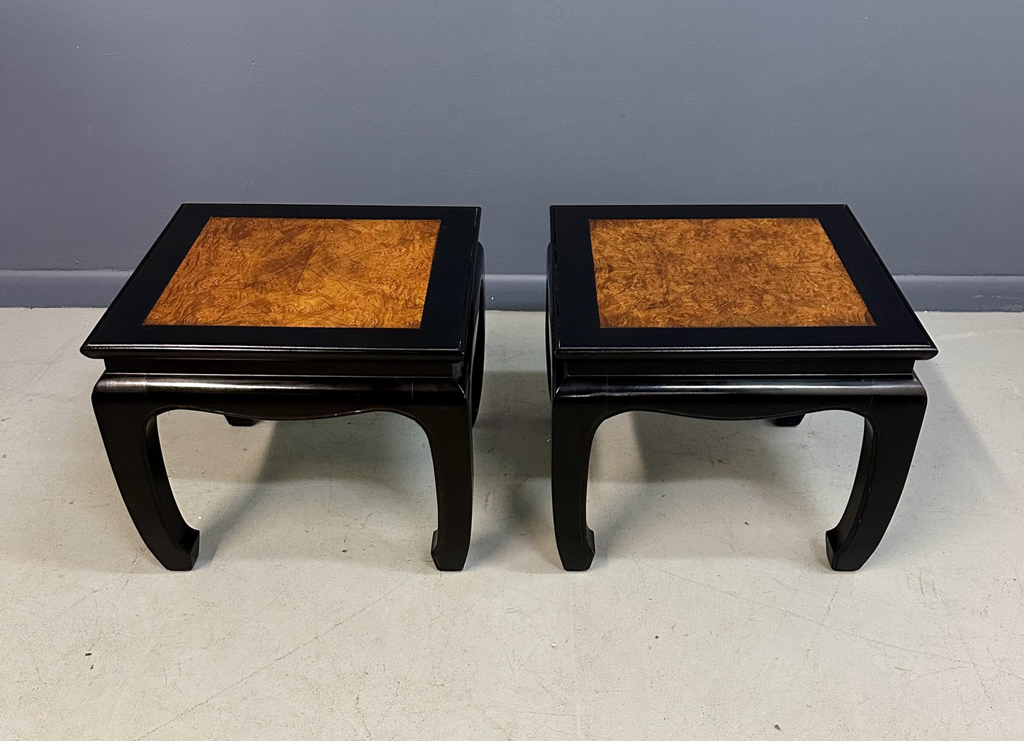 Century Ebonized Pair of Pagoda End Tables with A Burl Top Chin Hua Collection