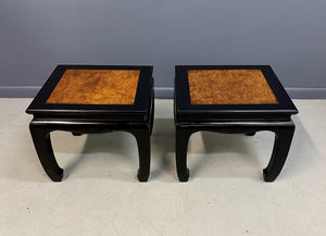 Century Ebonized Pair of Pagoda End Tables with A Burl Top Chin Hua Collection