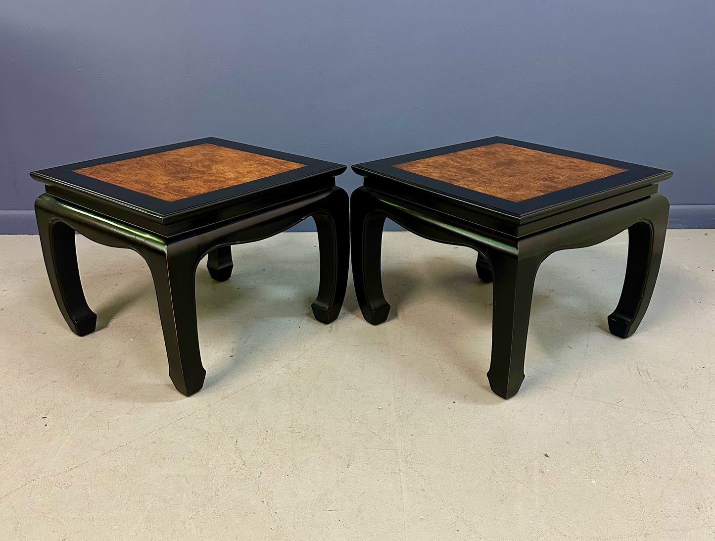 Century Ebonized Pair of Pagoda End Tables with A Burl Top Chin Hua Collection