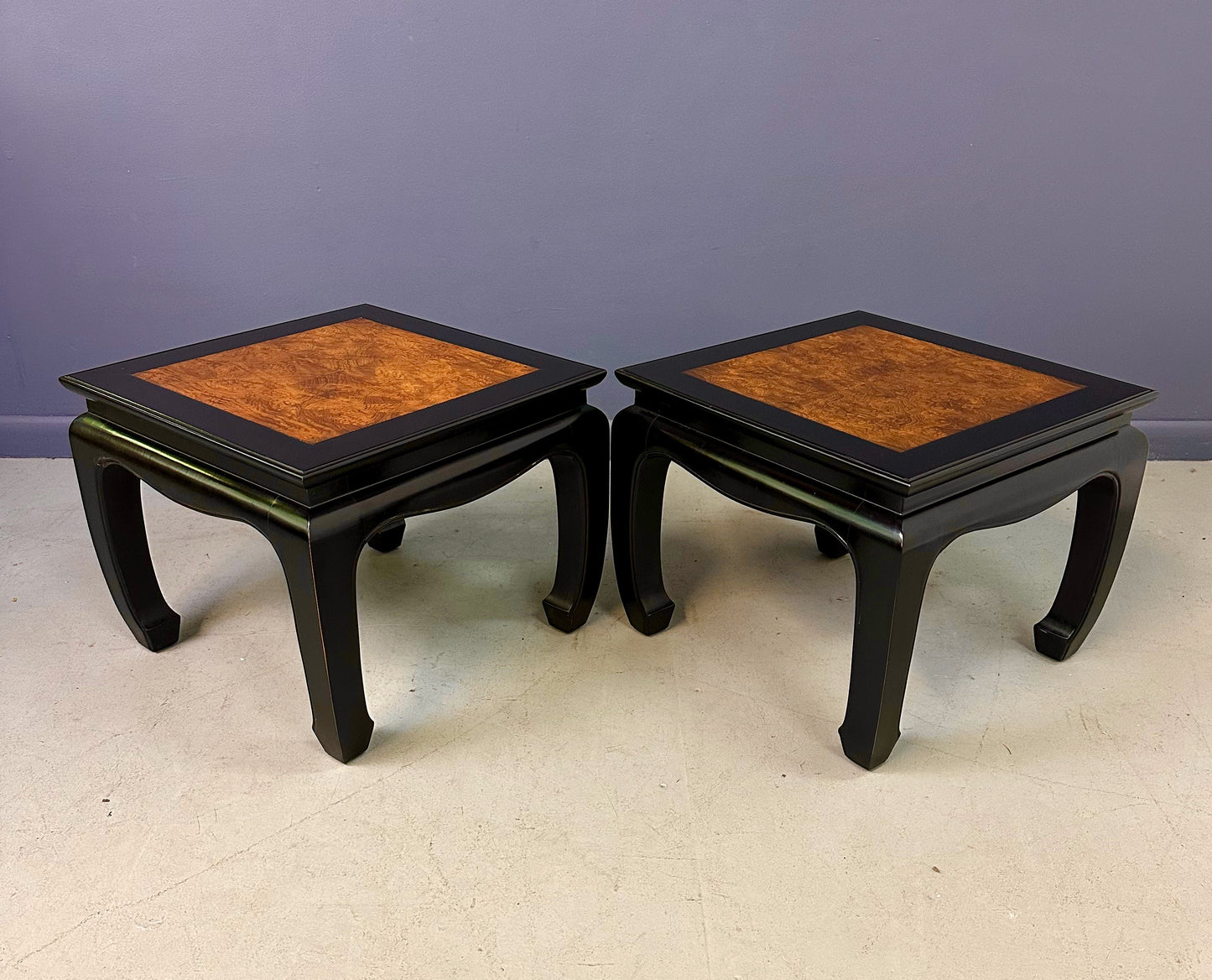 Century Ebonized Pair of Pagoda End Tables with A Burl Top Chin Hua Collection