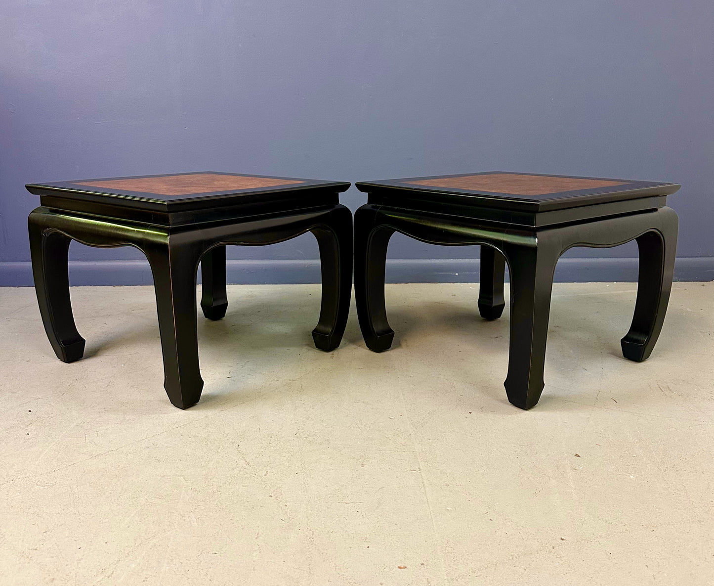Century Ebonized Pair of Pagoda End Tables with A Burl Top Chin Hua Collection