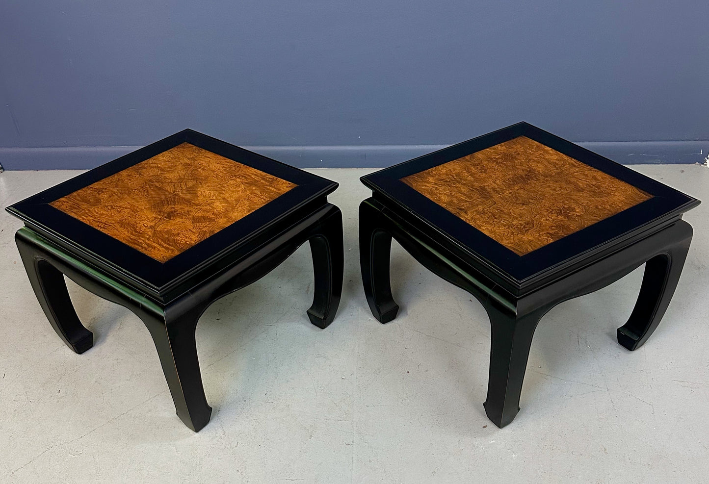 Century Ebonized Pair of Pagoda End Tables with A Burl Top Chin Hua Collection
