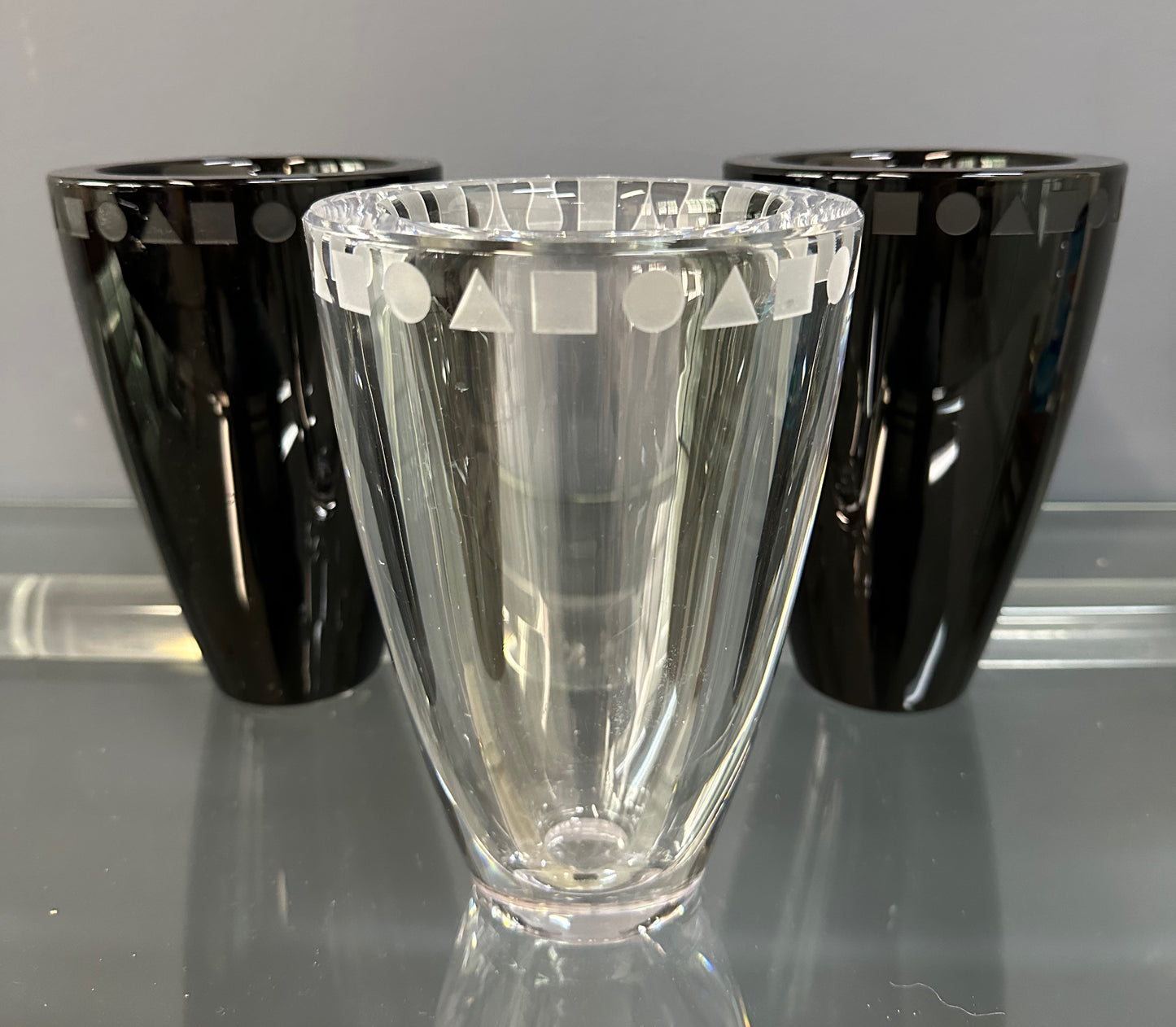 SOLD – Trio of Etched Crystal Vases by Ward Bennett for Sasaki