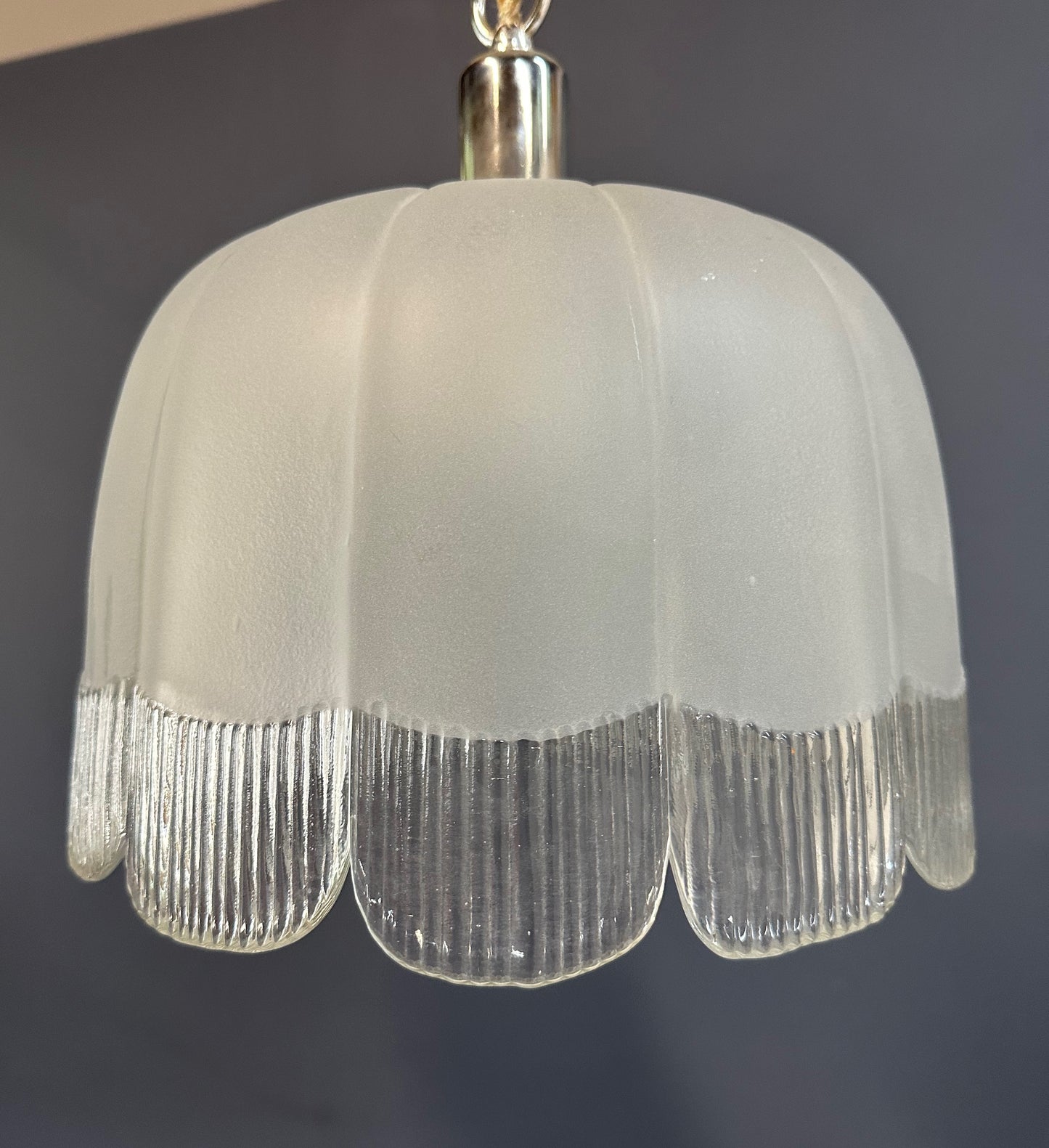 Pair of Art Deco Hand-Blown Glass Pendants with Scalloped Detailing 1930s France