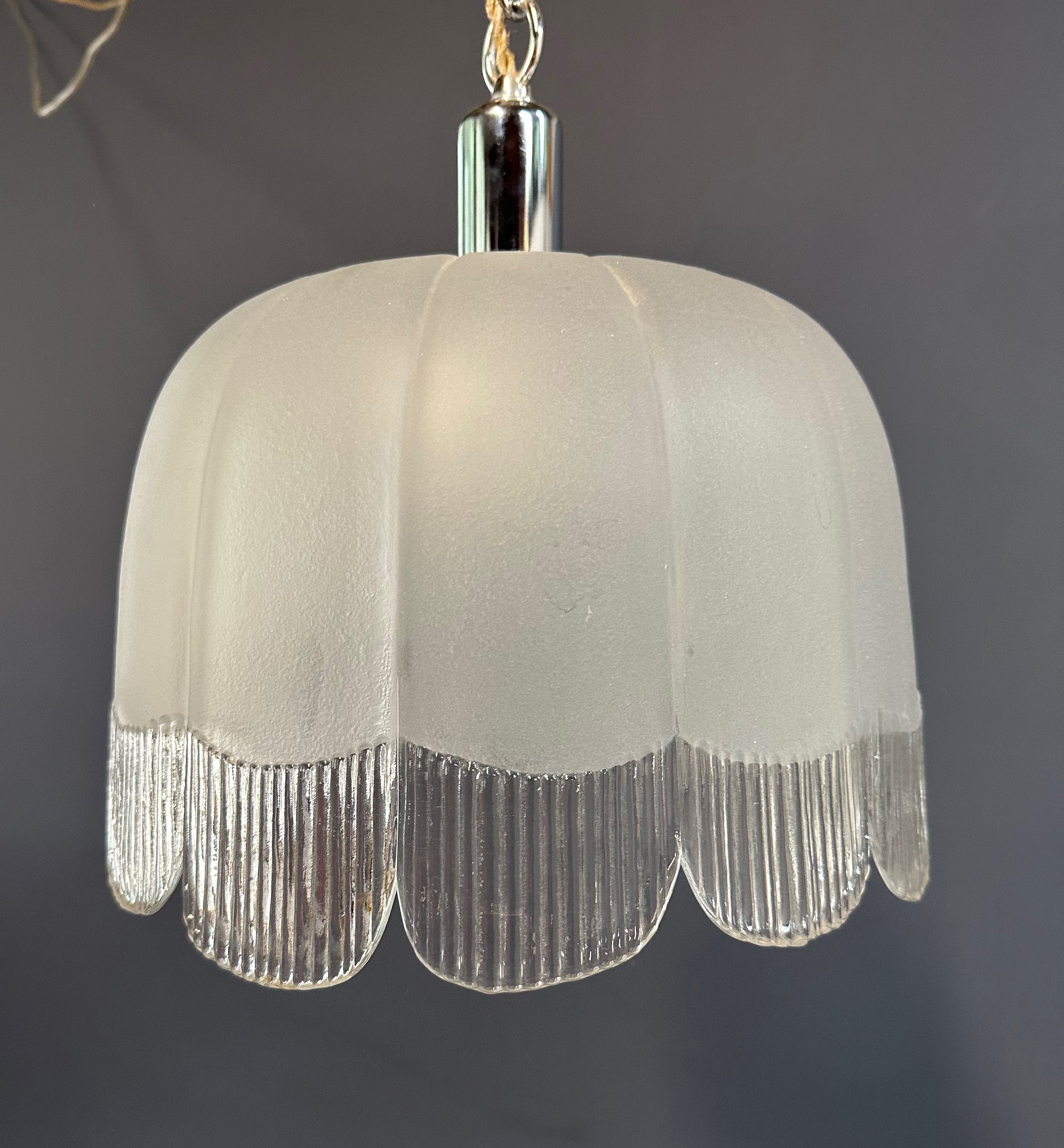 Pair of Art Deco Hand-Blown Glass Pendants with Scalloped Detailing 1930s France
