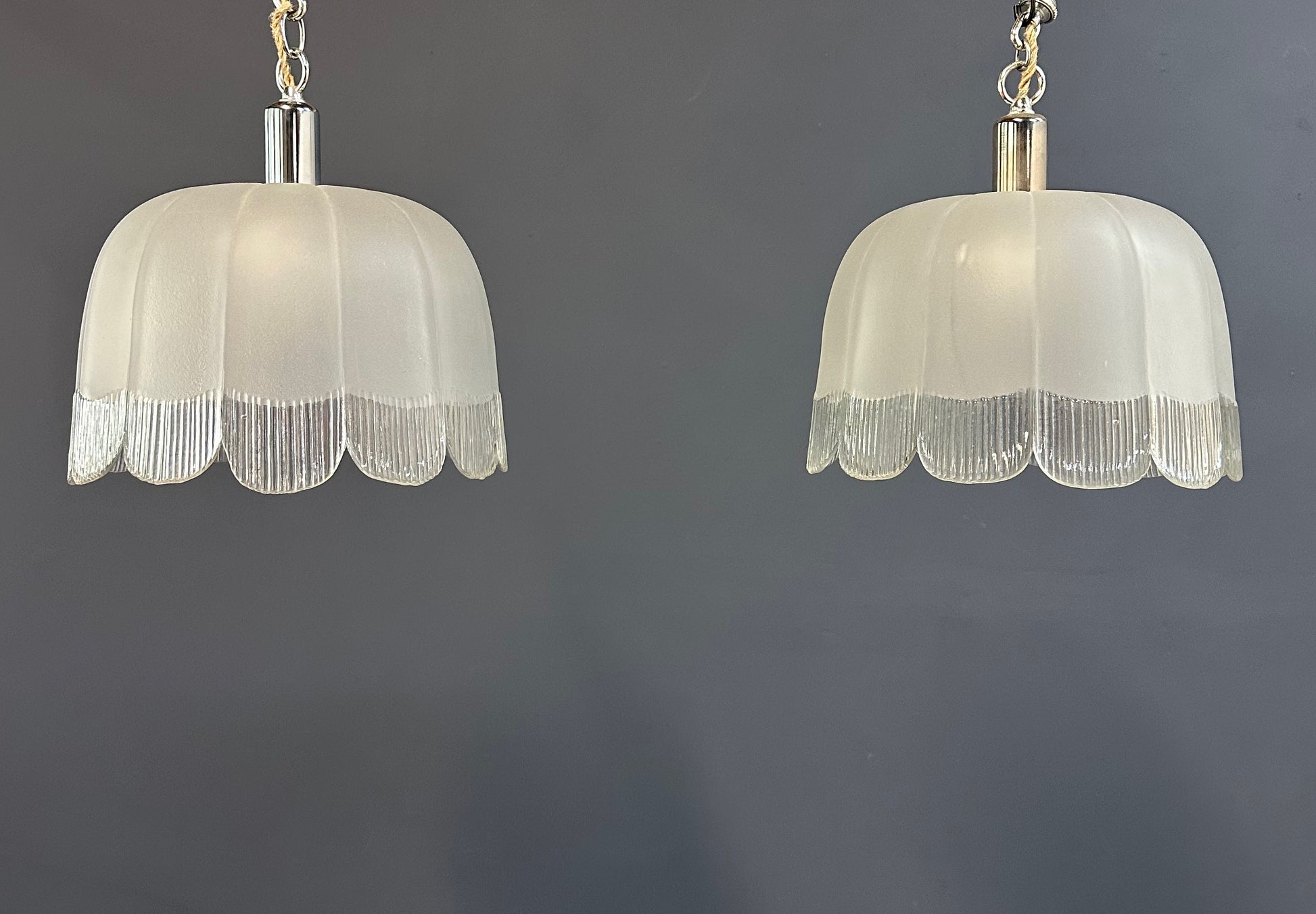 Pair of Art Deco Hand-Blown Glass Pendants with Scalloped Detailing 1930s France