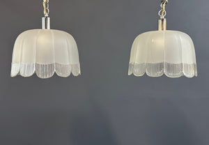 Pair of Art Deco Hand-Blown Glass Pendants with Scalloped Detailing 1930s France